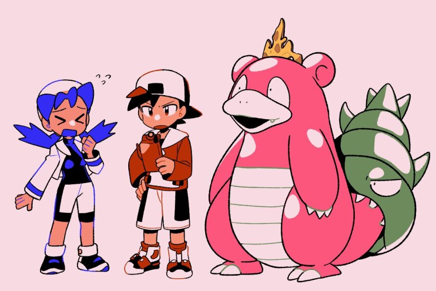 &gt;_&lt; 1boy 1girl backwards_hat bike_shorts black_footwear black_hair black_shirt blue_hair clenched_hand closed_eyes commentary cropped_jacket ethan_(pokemon) fang flying_sweatdrops game_freak gen_1_pokemon hand_on_own_hip hand_up hat holding jacket king&#039;s_rock kris_(pokemon) long_hair long_sleeves nintendo open_clothes open_jacket open_mouth pokedex pokemon pokemon_(creature) pokemon_gsc red_eyes red_footwear red_jacket shirt shoes short_hair shorts simple_background slowbro twintails tyako_089 white_hat white_jacket