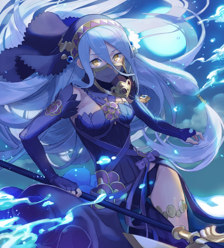 1girl aisutabetao axe azura_(fire_emblem) azura_(lady_of_ballads)_(fire_emblem) black_dress blue_hair blue_theme bow cloud commentary_request dress fingerless_gloves fire_emblem fire_emblem_fates fire_emblem_heroes gloves hair_between_eyes highres holding holding_axe jewelry long_hair necklace nintendo parted_lips sky solo veil yellow_eyes