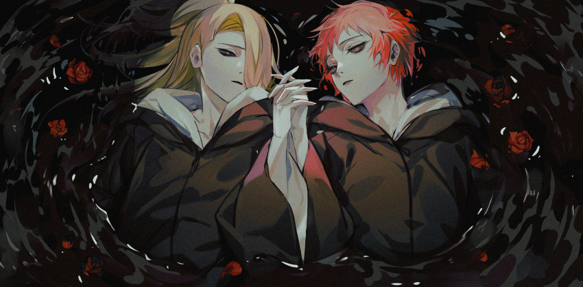2boys black_sclera blonde_hair blue_eyes brown_eyes colored_sclera commission commissioner_upload coxxco12 deidara_(naruto) edo_tensei flower high_ponytail highres holding_hands long_hair lying male_focus multiple_boys naruto_(series) naruto_shippuuden non-web_source on_back parted_lips partially_submerged petals ponytail red_flower red_hair red_rose robe rose rose_petals sasori_(naruto) short_hair skeb_commission water