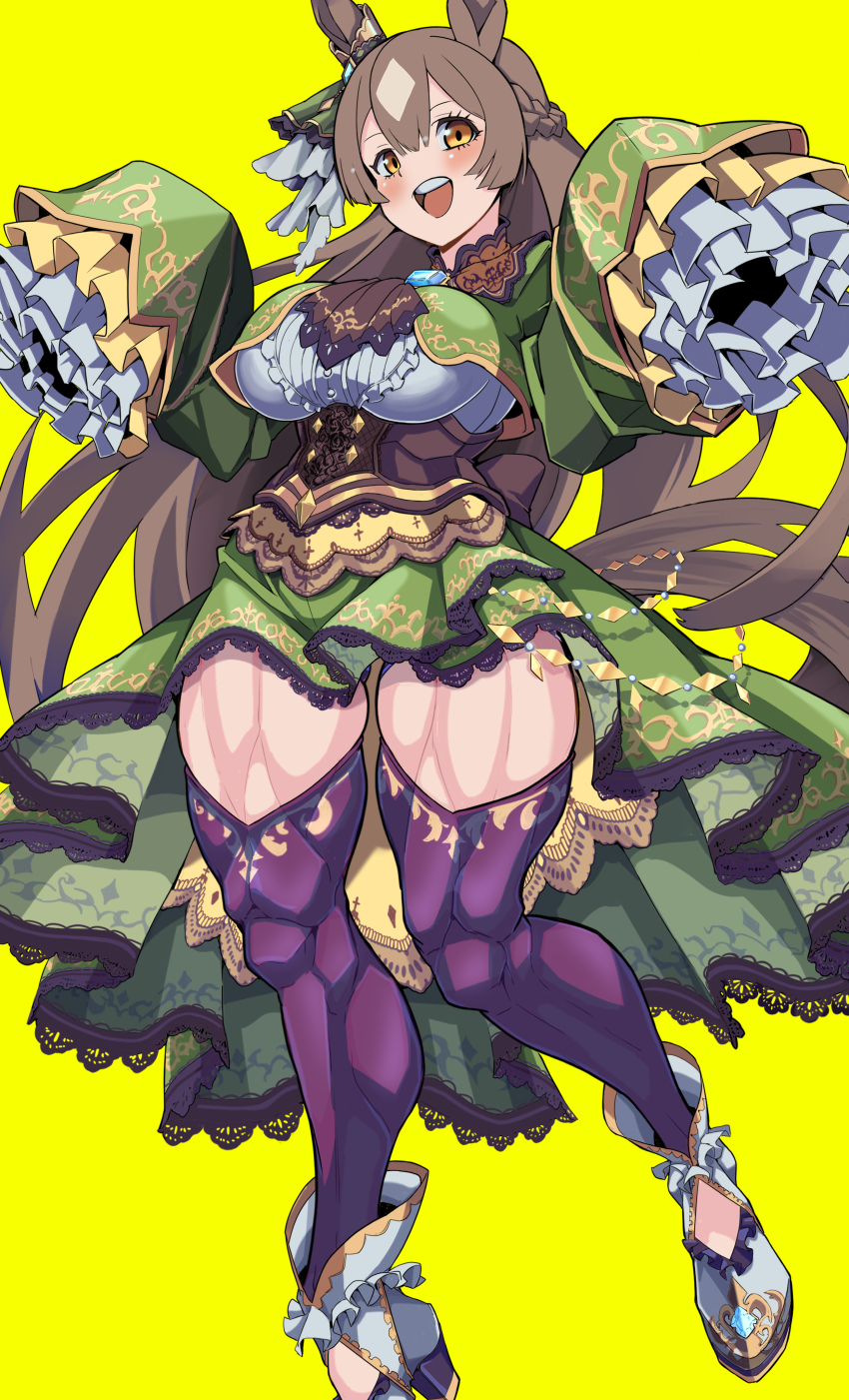 1girl absurdres animal_ears ascot black_ascot black_thighhighs braid breasts brown_hair closed_mouth commentary_request dress full_body green_dress hair_between_eyes half_up_braid highres horse_ears horse_girl horse_tail large_breasts long_sleeves multicolored_hair open_mouth satono_diamond_(umamusume) simple_background sleeves_past_fingers sleeves_past_wrists smile solo streaked_hair tail take_nii teeth thighhighs umamusume upper_teeth_only white_footwear white_hair yellow_background