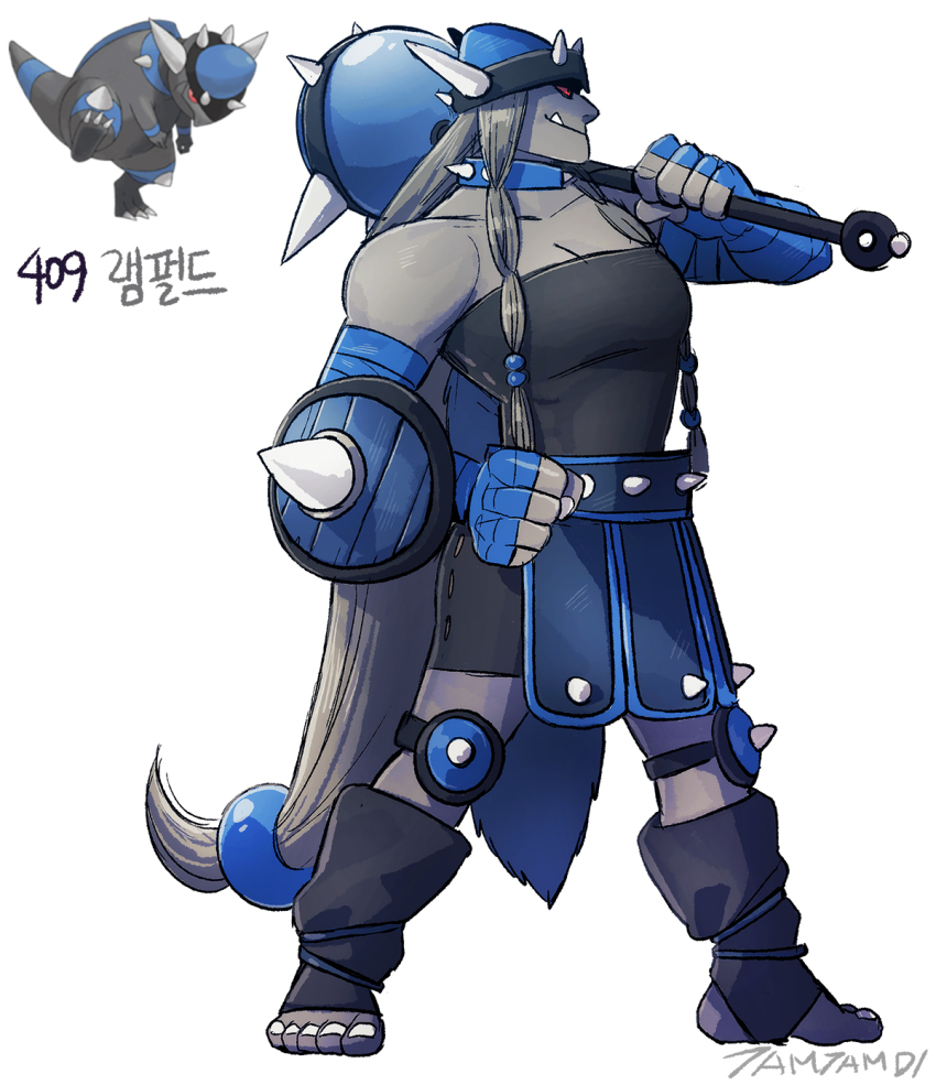 1girl artist_name black_shirt blue_gloves breasts cleavage clenched_hand colored_skin creature_and_personification fake_horns fang fingerless_gloves full_body game_freak gen_4_pokemon gloves grey_hair grey_skin helmet highres holding holding_mace holding_weapon horned_helmet horns knee_spikes korean_commentary long_hair mace muscular muscular_female nintendo over_shoulder personification pokemon pokemon_(creature) rampardos red_eyes reference_inset shirt simple_background spiked_mace spikes standing tamtamdi toeless_footwear toenails translated very_long_hair viking weapon weapon_over_shoulder white_background