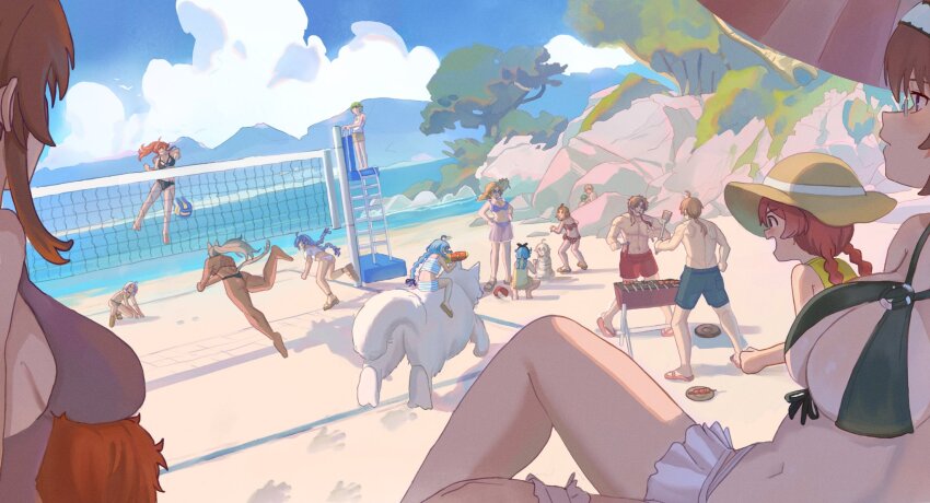 6+girls aisha_greyrat ars_greyrat ball beach beachball bikini breasts character_request christina_greyrat commentary cooking daimaou_cc day dog english_commentary eris_greyrat everyone ghislaine_dedoldia grill grilling highres horizon jumping lara_greyrat large_breasts leo_(mushoku_tensei) lillia_greyrat lily_greyrat lucy_greyrat lying male_swimwear mountainous_horizon multiple_girls mushoku_tensei norn_greyrat ocean on_back outdoors paul_greyrat rock roxy_migurdia rudeus_greyrat ruijerd_superdia sand_sculpture shore sieghart_saladin_greyrat sky squatting standing swimsuit sylphiette_(mushoku_tensei) volleyball zenith_greyrat