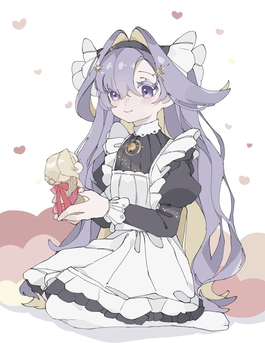 1girl :&gt; absurdres apron black_dress black_hairband blonde_hair blue_eyes blue_hair character_doll closed_mouth colored_inner_hair doll dress frilled_apron frills full_body hair_intakes hair_ornament hairband heart highres holding holding_doll juliet_sleeves kiperina long_hair long_sleeves looking_at_doll ms_r_r multicolored_hair no_shoes pantyhose puffy_sleeves reverse:1999 seiza short_dress sitting solo star_(symbol) star_hair_ornament very_long_hair voyager_(reverse:1999) white_apron white_background white_pantyhose