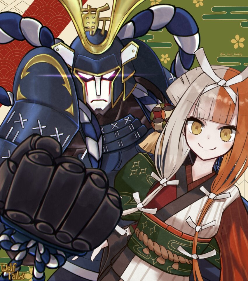 1girl armor brown_eyes clenched_hand egasumi fate/grand_order fate_(series) glowing glowing_eyes helmet highres izumo_no_okuni_(fate) japanese_armor japanese_clothes kabuto_(helmet) kimono multicolored_hair multicolored_kimono robot smile split-color_hair twitter_username w_tail_fluffy zanzaburou_(fate)