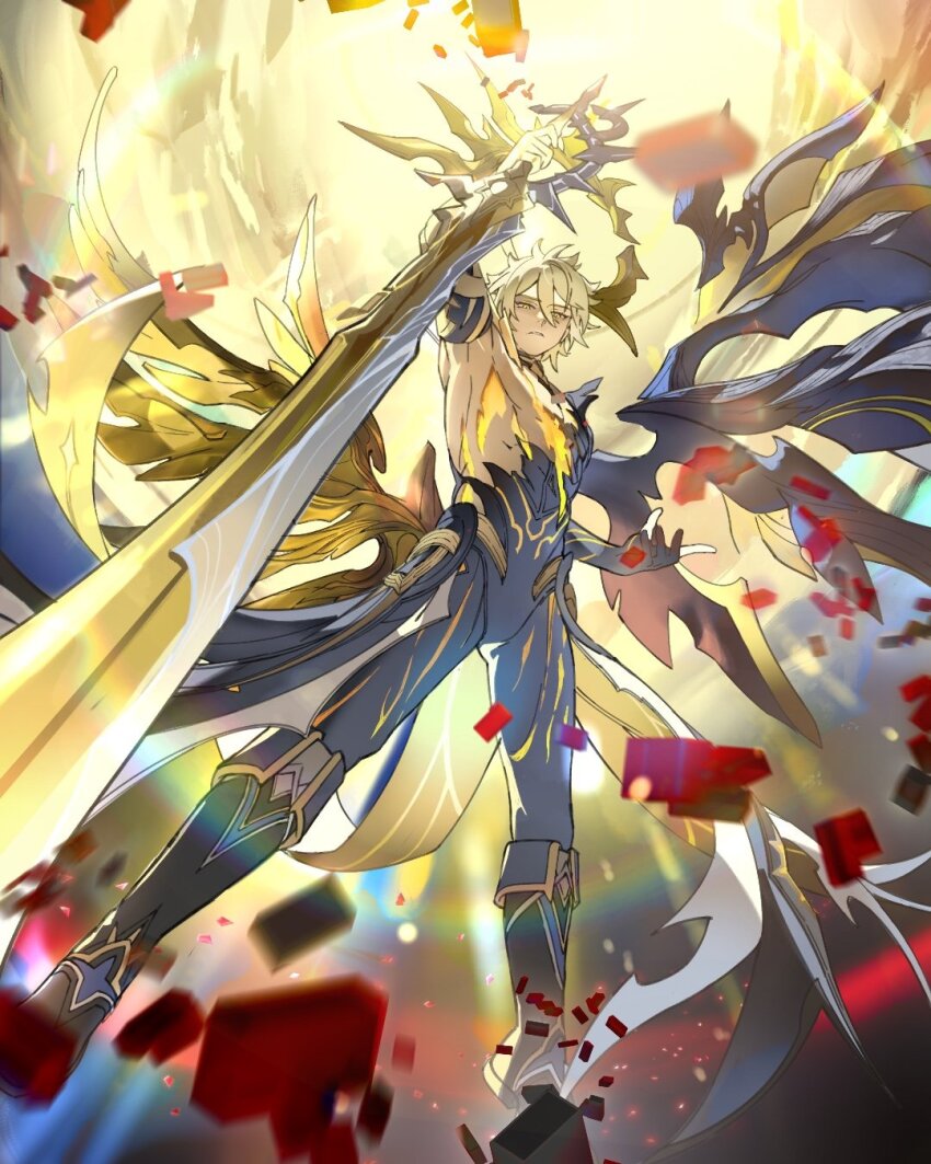 1boy alternate_form arm_up asymmetrical_wings black_bodysuit black_boots black_sleeves black_wings blurry bodysuit boots commentary depth_of_field detached_sleeves english_commentary floating foreshortening from_below full_body grandaloe hair_between_eyes halo halo_behind_head highres holding holding_sword holding_weapon honkai:_star_rail honkai_(series) long_sleeves looking_at_viewer male_focus material_growth mismatched_wings parted_lips phainon_(honkai:_star_rail) short_hair single_detached_sleeve sky solo sword torn_bodysuit torn_clothes waist_cape weapon white_hair wings yellow_eyes yellow_sky yellow_wings