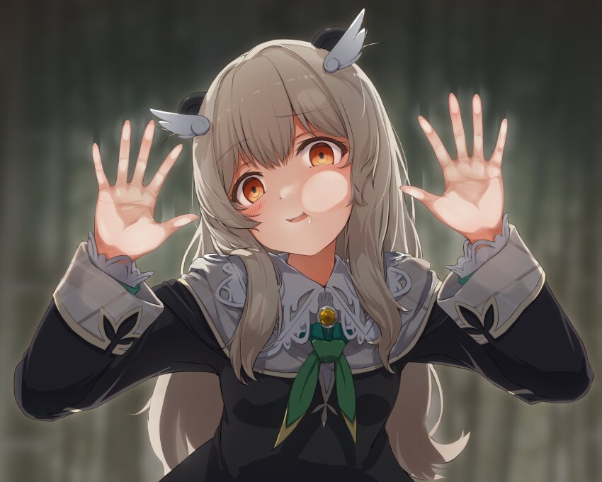 1girl absurdres akizuki_rito amatsuna_sasaha animal_ears blush breasts brown_eyes commentary_request dark_background empty_eyes feather_hair_ornament feathers fourth_wall hair_ornament highres indie_virtual_youtuber light_brown_hair looking_at_viewer open_mouth saliva small_breasts solo virtual_youtuber