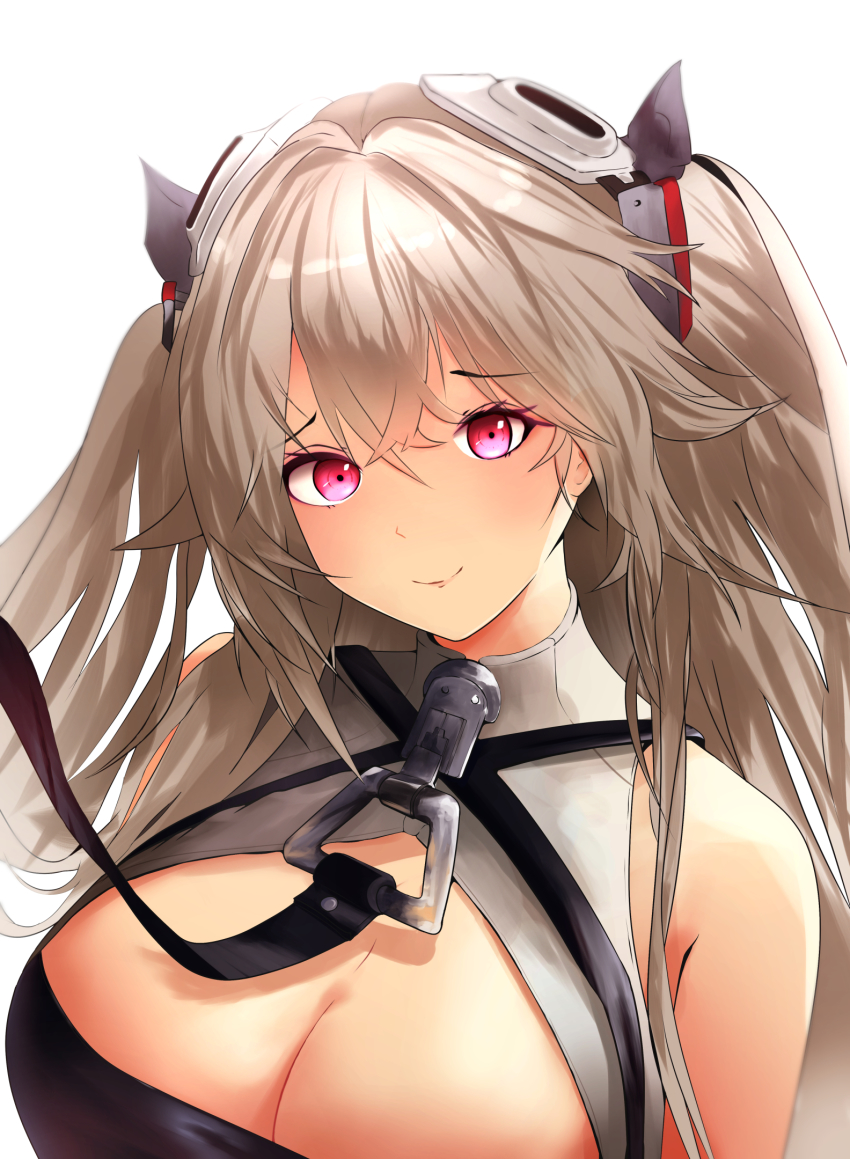 1girl anchorage_(azur_lane) azur_lane bare_shoulders beefusteku breasts cleavage cleavage_cutout clothing_cutout headgear highres huge_breasts long_hair looking_at_viewer purple_eyes simple_background solo twintails upper_body white_background