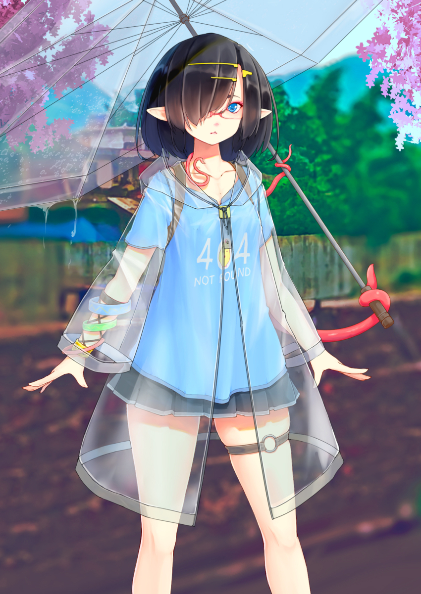 1girl 404 :&lt; blue_eyes blue_shirt bracelet breasts cherry_blossoms feet_out_of_frame fence hair_ornament hair_over_one_eye hairclip highres hood http_status_code jewelry kearful miniskirt multiple_bracelets original outdoors outstretched_arms pleated_skirt pointy_ears rain raincoat rimless_eyewear see-through_clothes see-through_raincoat shirt short_hair skirt small_breasts t-shirt tentacles thigh_strap transparent transparent_umbrella tree umbrella
