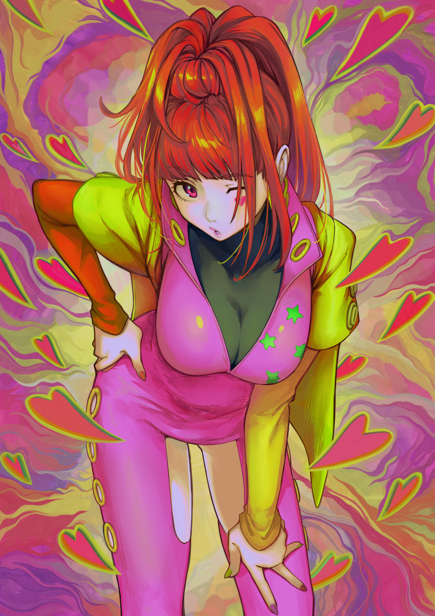 1girl absurdres asymmetrical_sleeves bent_over blunt_bangs bodysuit braid breasts cowboy_shot facial_mark gnosia hand_on_own_hip heart heart_facial_mark high_ponytail highres large_breasts layered_sleeves long_sleeves nail_polish one_eye_closed orange_nails orange_sleeves pink_bodysuit ponytail ponytail_with_braided_base red_eyes red_hair sabiiiii short_over_long_sleeves short_sleeves skin_tight solo sq_(gnosia) standing yellow_sleeves