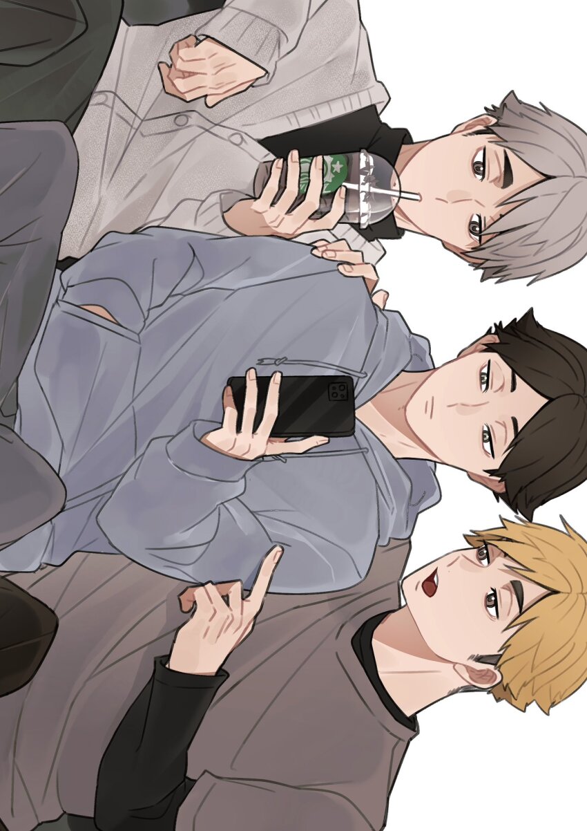 3boys black_hair black_pants black_shirt blonde_hair blue_hoodie brothers brown_eyes brown_hair buttons cellphone closed_mouth coffee commentary cup disposable_cup drinking_straw drinking_straw_in_mouth eringi895 grey_hair grey_pants grey_shirt grey_sweater hand_in_pocket highres holding holding_cup holding_phone hood hood_down hoodie iced_coffee layered_clothes layered_sleeves long_sleeves looking_at_phone looking_to_the_side male_focus miya_atsumu miya_osamu multicolored_hair multiple_boys open_mouth pants parted_bangs phone pointing shirt short_over_long_sleeves short_sleeves siblings side-by-side sideburns sideways simple_background sitting smartphone starbucks suna_rintarou sweater symbol-only_commentary t-shirt teeth turtleneck twins two-tone_hair white_background