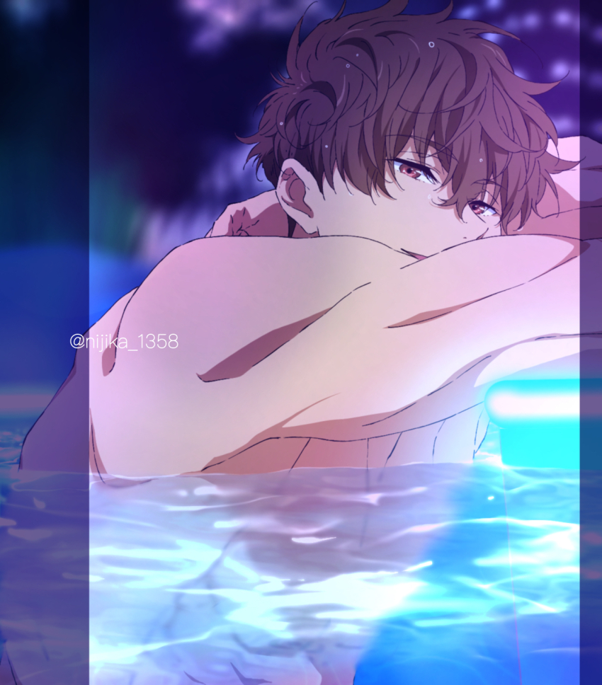 1boy anime_coloring blurry blurry_background brown_hair commentary_request free! highres kirishima_natsuya male_focus muscular nijika_(key_628194) open_mouth partial_commentary pool short_hair solo topless_male twitter_username upper_body water