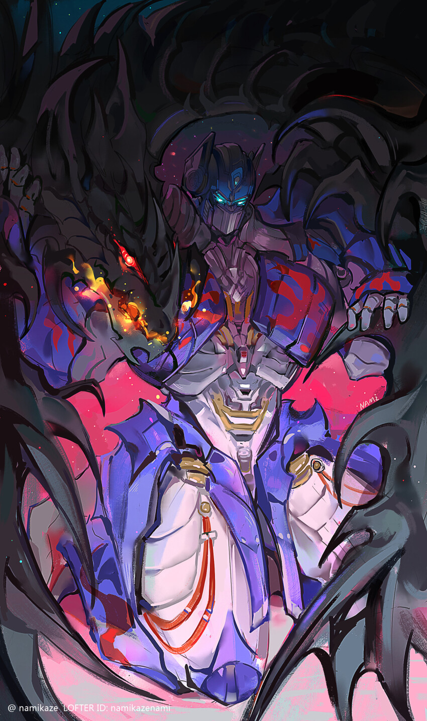 absurdres artist_name autobot blue_eyes breath_weapon breathing_fire decepticon fire flame_print highres lofter_username looking_down mecha megatron namikaze_(dobbyka) non-humanoid_robot optimus_prime robot robot_dragon science_fiction transformers transformers:_the_last_knight transformers_(live_action)
