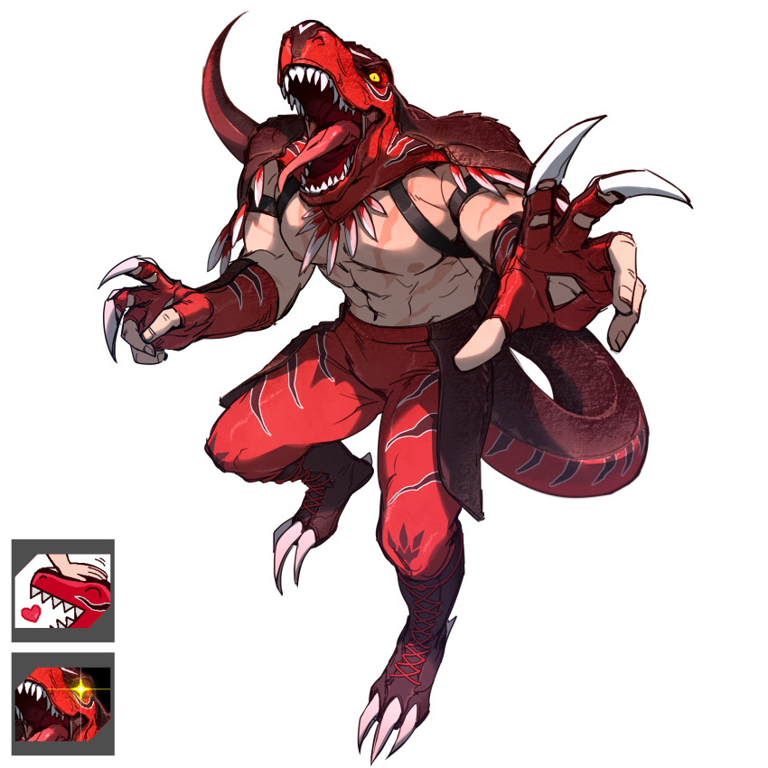 1boy abs absurdres an_ling_withered animal_costume animal_head claw_pose commentary costume dinosaur dinosaur_boy dinosaur_costume dinosaur_tail english_commentary full_body highres king_of_dinosaurs large_pectorals luchador luchador_mask male_focus mature_male muscular muscular_male open_mouth pectorals sharp_teeth simple_background solo tail teeth the_king_of_fighters the_king_of_fighters_xiv the_king_of_fighters_xv tongue tongue_out topless_male white_background wrestler wrestling_mask wrestling_outfit