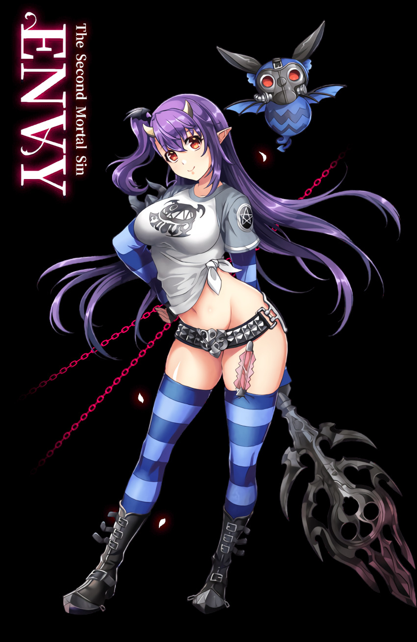 1girl absurdres artist_request belt belt_skirt blush boots breasts demon_girl full_body gas_mask hair_between_eyes highres horns knee_boots large_breasts legs_apart leviathan_(the_seven_deadly_sins) leviathan_(the_seven_deadly_sins) long_hair looking_at_viewer mask nishii_(damnedrive) no_pants official_art one_side_up pentagram pointy_ears purple_hair raglan_sleeves red_eyes shirt simple_background sin_nanatsu_no_taizai solo standing striped_clothes striped_sleeves striped_thighhighs the_seven_deadly_sins thighhighs thighs very_long_hair weapon white_background