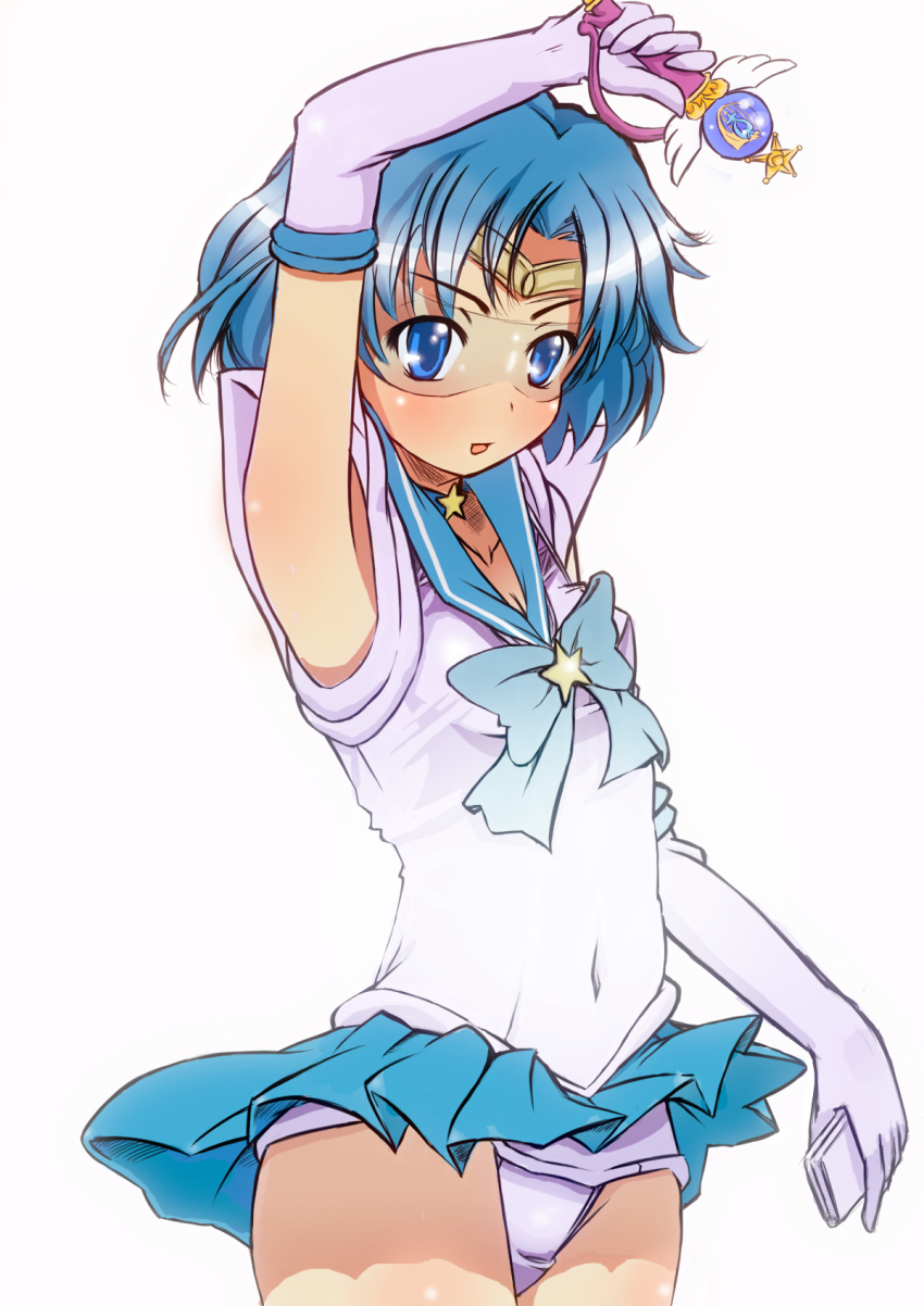 1990s_(style) 1girl aburisamon arm_up bishoujo_senshi_sailor_moon bishoujo_senshi_sailor_moon_stars blue_eyes blue_hair blue_sailor_collar blue_skirt brooch elbow_gloves female_focus gloves highres jewelry magical_girl matching_hair/eyes mizuno_ami navel retro_artstyle sailor_collar sailor_mercury skirt solo star_brooch super_sailor_mercury_(stars) white_background white_gloves