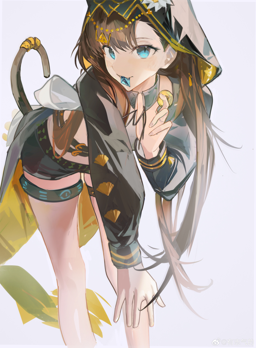 1girl absurdres arknights black_jacket black_tail blue_eyes brown_hair chinese_commentary coin commentary_request feet_out_of_frame gold gold_coin gold_ring grey_background hair_behind_ear hand_on_own_knee head_chain highres holding holding_coin hood hood_up hooded_jacket infection_monitor_(arknights) jacket jewelry long_hair long_sleeves looking_at_viewer mouth_hold neck_ribbon pepe_(arknights) ribbon simple_background solo standing tail tail_raised you_zhiqi_de