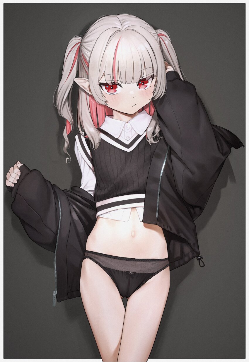 1girl :/ black_jacket black_panties blunt_bangs colored_inner_hair commentary cowboy_shot gluteal_fold grey_background highres jacket long_hair long_sleeves looking_at_viewer makaino_ririmu multicolored_hair navel nijisanji no_pants off_shoulder panties pink_hair pointy_ears puffy_long_sleeves puffy_sleeves red_eyes sabamen simple_background solo thigh_gap twintails two-tone_hair underwear virtual_youtuber white_hair