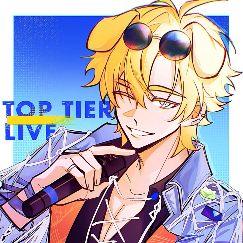 1boy animal_ears arknights bandaged_wrist bandages black_shirt blonde_hair blue-tinted_eyewear blue_background blue_eyes blue_jacket chinese_commentary collarbone commentary_request dog_boy dog_ears ear_piercing earrings english_text eyewear_on_head hair_between_eyes halftone halftone_background hand_up highres holding holding_microphone jacket jewelry looking_at_viewer male_focus messy_hair microphone official_alternate_costume one_eye_closed open_clothes open_jacket open_shirt piercing ring shirt smile solo sunglasses teeth tequila_(arknights) tequila_(top_tier_live)_(arknights) thick_eyebrows tinted_eyewear white_string xinjinjumin552128018481