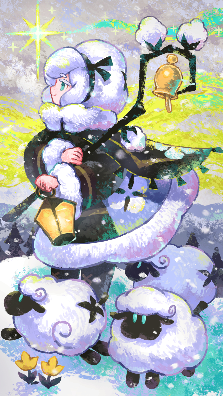 1girl absurdres aqua_eyes bell cloud cloudy_sky cookie_run cookie_run:_kingdom cotton_cookie flower full_body fur_trim highres holding holding_staff kaneni long_sleeves profile sheep sky smile snow solo staff standing tree yellow_flower