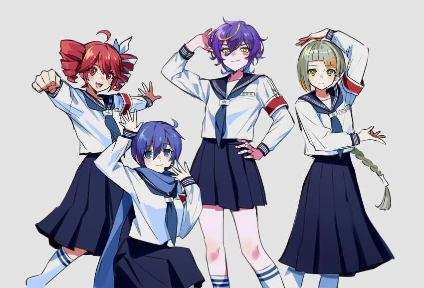 4girls ahoge android arm_over_head arm_up atarashii_gakkou_no_leaders black_sailor_collar black_skirt blonde_hair blue_eyes blue_hair blue_neckerchief blunt_bangs blush braid braided_ponytail breasts chis-a clenched_hand closed_mouth colored_inner_hair cosplay drill_hair earpiece facial_mark fang genderswap genderswap_(mtf) green_eyes grey_hair hair_between_eyes hand_on_own_head hand_on_own_hip hand_up highres joints kaiko_(vocaloid) kaito_(vocaloid) kasane_teto kasane_teto_(sv) kirune_(voisona) kneehighs kneeling large_breasts long_hair long_skirt long_sleeves looking_at_viewer medium_hair multicolored_hair multiple_girls neckerchief nikorupurumie open_mouth orange_hair otonablue outstretched_arms parody pleated_skirt purple_hair purple_nails red_eyes red_hair robot_joints safety_pin sailor_collar school_uniform serafuku serious shirt short_hair simple_background skin_fang skirt smile smirk socks spread_arms standing streaked_hair synthesizer_v twin_drills utau v-shaped_eyebrows vocaloid voisona white_background white_shirt yellow_eyes