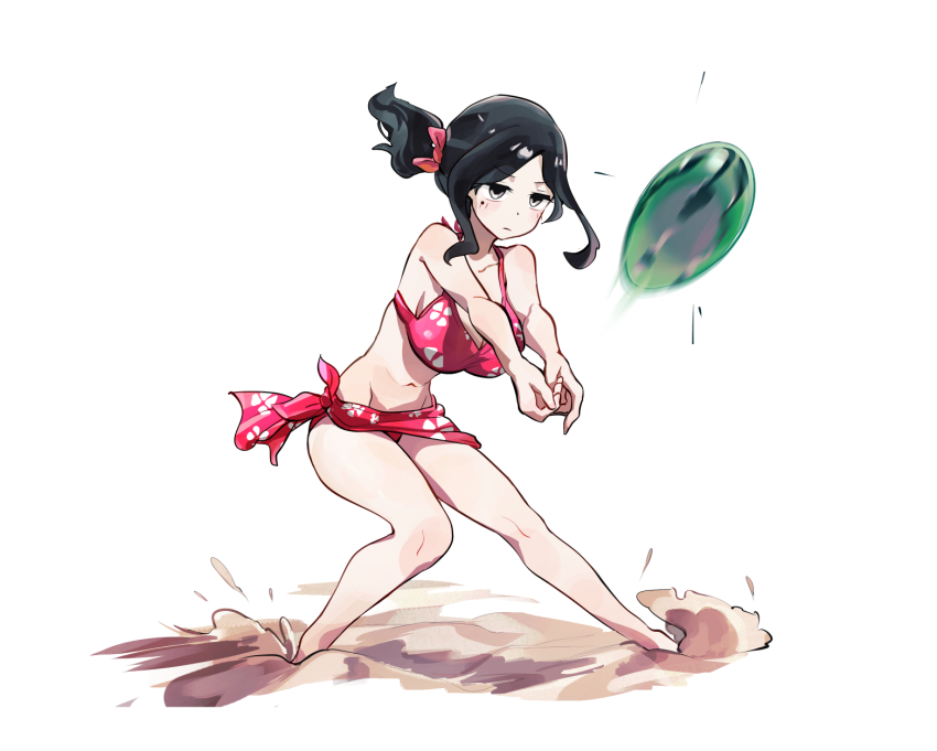 1girl beach_volleyball bikini black_eyes black_hair breasts closed_mouth collarbone commentary_request full_body hair_ribbon highres large_breasts long_hair low_ponytail mo0o0rae mole mole_under_eye navel own_hands_together patterned_clothing ponytail red_bikini red_ribbon red_sarong ribbon sakurai_touko sand sarong senpai_ga_uzai_kouhai_no_hanashi simple_background solo swimsuit white_background