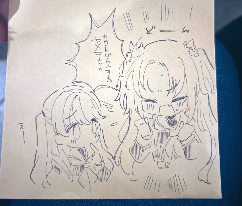 2girls absurdres ballpoint_pen_(medium) clenched_hands closed_eyes dress fang finger_to_mouth flower fujishima_megumi hair_flower hair_ornament hasu_no_sora_school_uniform highres link!_like!_love_live! long_hair long_sleeves looking_at_another love_live! mira-cra_park! monochrome multiple_girls neckerchief open_mouth osawa_rurino parted_bangs pen_(medium) photo_(medium) sailor_collar sailor_dress school_uniform second-party_source shin_(shnnnnrn1) skin_fang speech_bubble traditional_media twintails two_side_up v-shaped_eyebrows virtual_youtuber winter_uniform