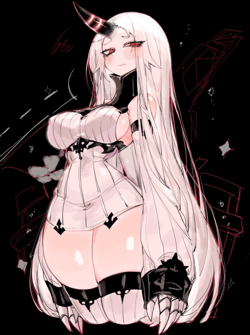 1girl arms_at_sides bare_shoulders black_background black_horns blush breasts claws closed_mouth commentary cowboy_shot cropped_legs detached_sleeves dress furrowed_brow highres horns kantai_collection large_breasts long_hair looking_at_viewer red_eyes ribbed_dress seaport_princess short_dress sideboob single_horn solo thighhighs thighs tsurime usa37107692 very_long_hair white_dress white_hair white_thighhighs zettai_ryouiki