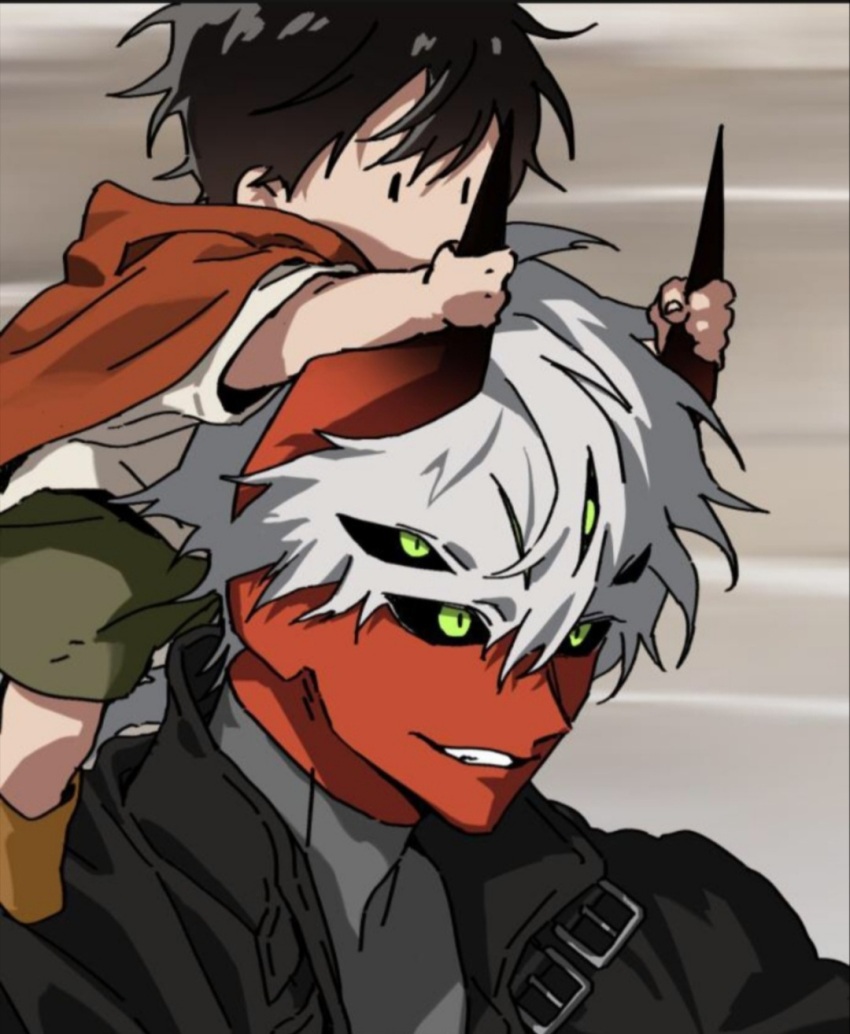 alien bandages black_jacket blinding_bangs braid engineer exotic_eyes gloves grey_shirt highres horns jacket mori_(on_the_way_to_meet_mom) on_the_way_to_meet_mom ryder shirt white_hair
