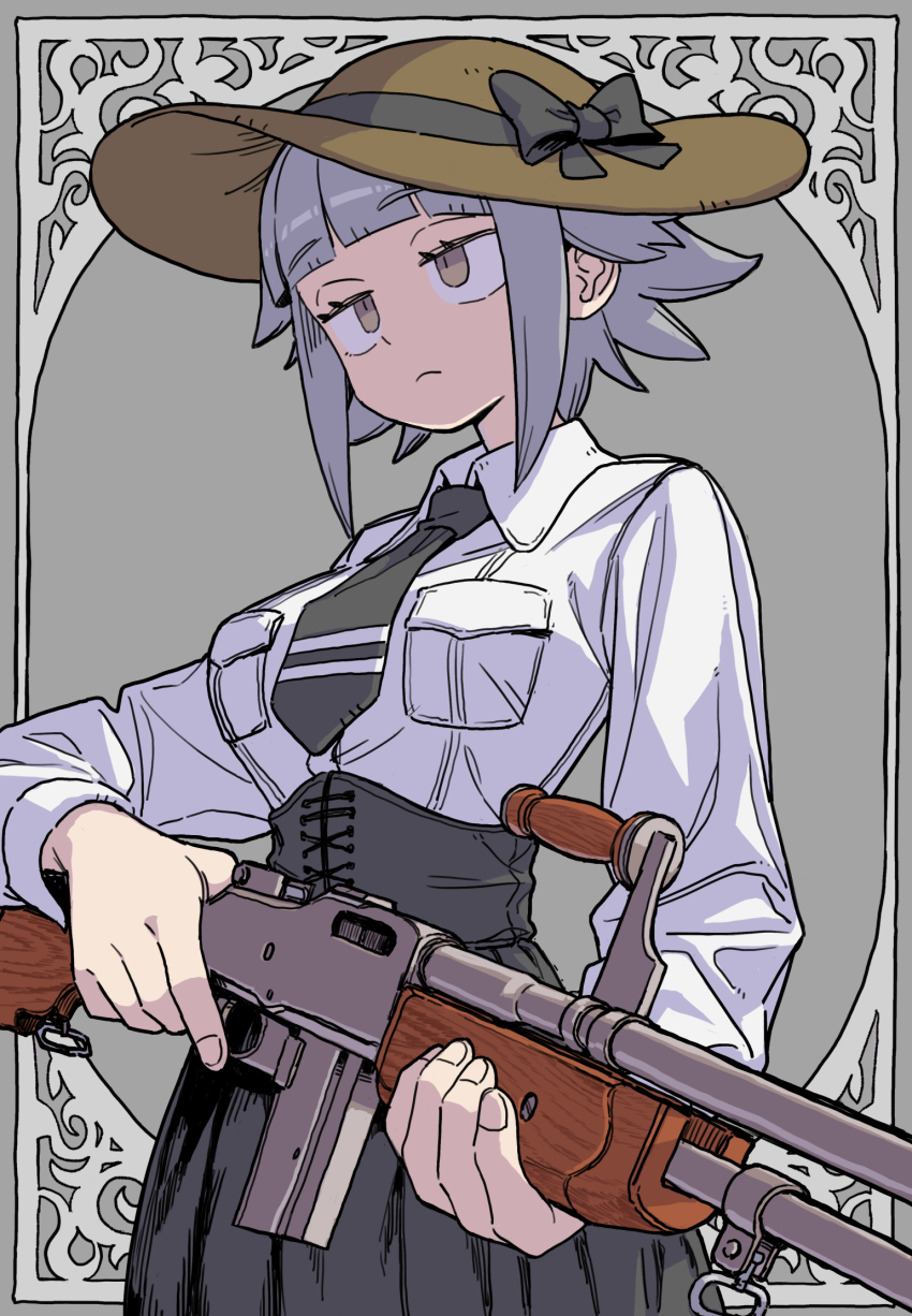 1girl black_corset black_necktie black_skirt blunt_bangs breasts brown_eyes browning_auto_5 check_weapon closed_mouth collared_shirt commission corset expressionless gun hat high-waist_skirt highres holding holding_gun holding_weapon long_sleeves medium_breasts mizuno_(okn66) necktie original shirt short_hair simple_background skeb_commission skirt solo weapon weapon_request white_shirt