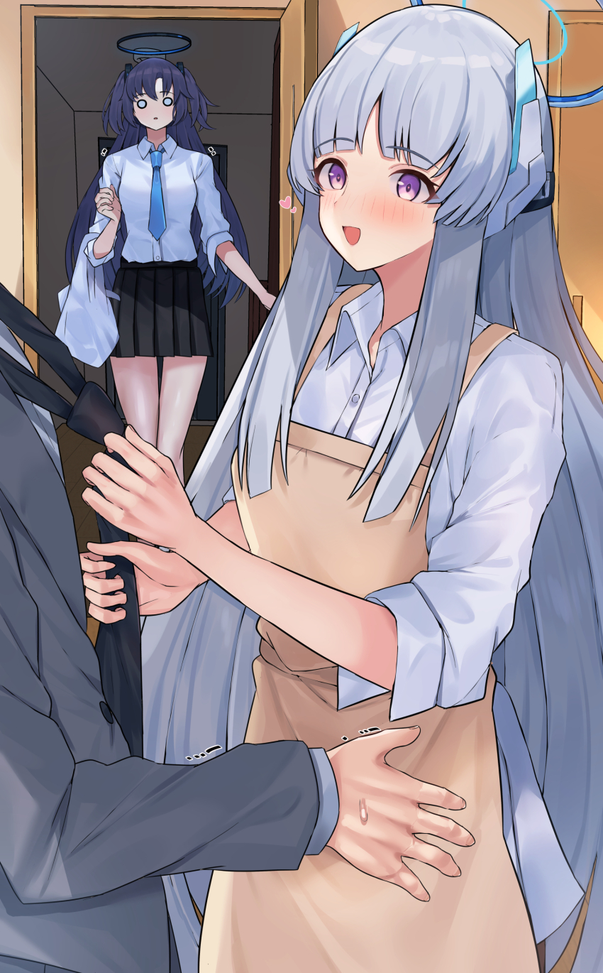 1boy 2girls :d absurdres adjusting_clothes adjusting_necktie apron black_necktie black_skirt blue_archive blue_hair blue_necktie blunt_bangs blunt_ends blush brown_apron collared_shirt commentary cowboy_shot flirting grey_hair halo happy heart heart-shaped_pupils highres indoors long_hair long_sleeves looking_at_another mechanical_halo mi_taro333 miniskirt multiple_girls necktie noa_(blue_archive) o_o open_mouth pleated_skirt purple_eyes sensei_(blue_archive) shinkon_santaku shirt sidelocks skirt smile standing straight_hair sweatdrop symbol-shaped_pupils trembling two_side_up very_long_hair white_shirt yuuka_(blue_archive)