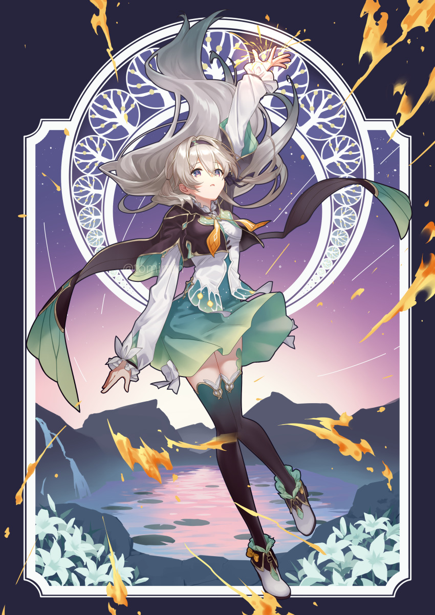 1girl absurdres bug firefly firefly_(honkai:_star_rail) fireworks full_body green_skirt grey_hair highres honkai:_star_rail honkai_(series) insect lake long_hair open_mouth purple_eyes skirt sky solo star_(sky) starry_sky tomiwo white_sleeves
