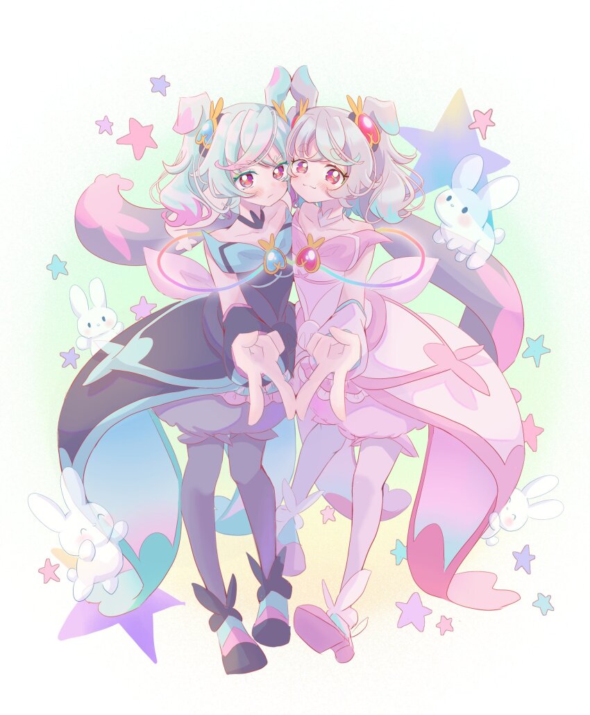 2girls absurdres animal_ears aqua_hair black_choker black_dress black_footwear bloomers brooch choker closed_mouth coattails commentary cure_puca cure_supreme dress foreshortening frown grey_bloomers grey_hair grey_pantyhose hair_ornament half-dress highres jewelry lilylily0601 looking_at_viewer matching_outfits medium_dress medium_hair multiple_girls panties pantyhose pink_bloomers precure precure_all_stars precure_all_stars_f preme_(precure) puca_(precure) rabbit red_eyes shoes side-by-side smile standing standing_on_one_leg star_(symbol) strapless strapless_dress tail underwear v white_choker white_dress white_footwear white_panties wrist_cuffs