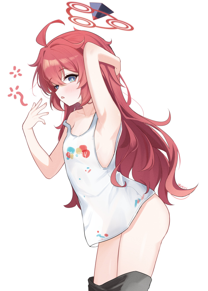 1girl absurdres ahoge arm_behind_head arm_up armpits blue_archive blue_eyes breasts bright_pupils clothes_pull clothes_writing commentary exusiai_dust hair_between_eyes halo highres long_hair looking_at_viewer maki_(blue_archive) maki_(pajamas)_(blue_archive) messy_hair official_alternate_costume pants pants_pull red_hair red_halo revision shirt simple_background sleepy sleeveless sleeveless_shirt small_breasts standing tank_top thighs white_background white_pupils white_shirt white_tank_top