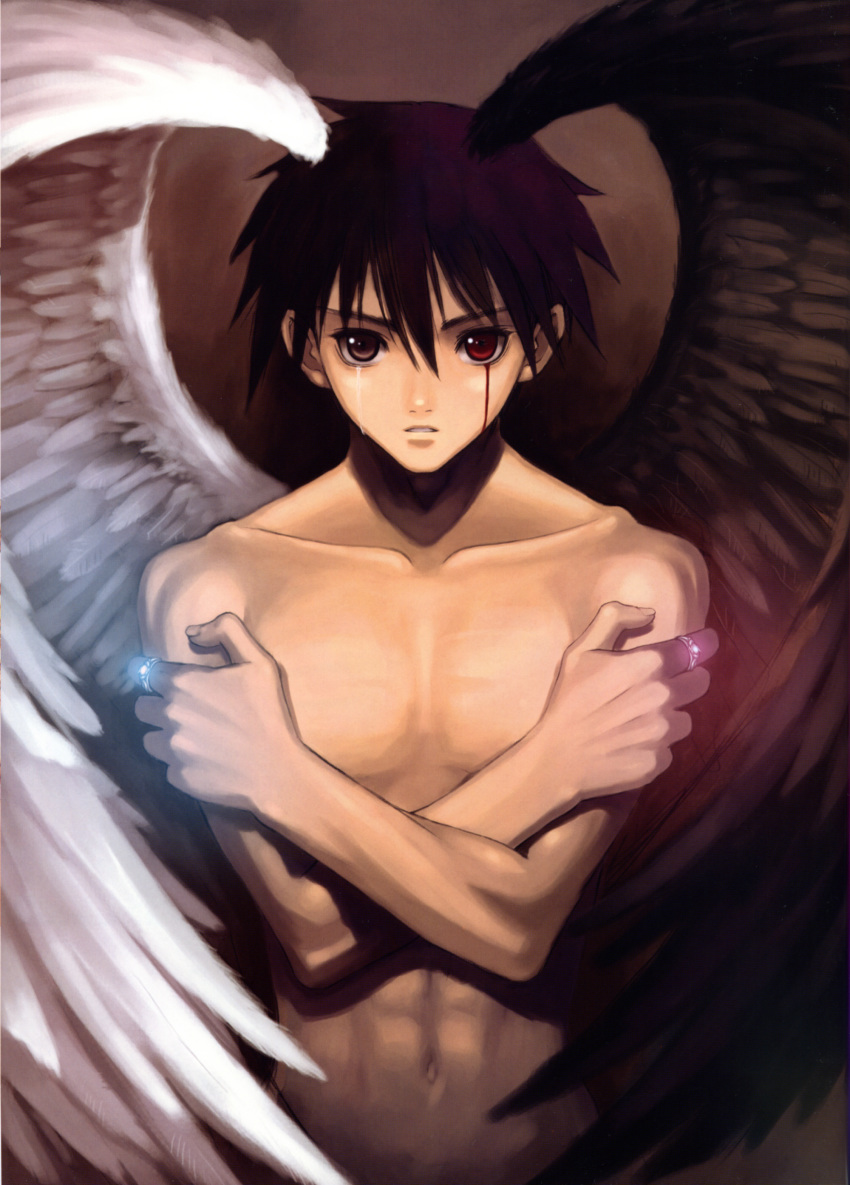 1boy absurdres blood bloody_tears crossed_arms expressionless grey_eyes heterochromia highres male_focus navel red_eyes scan sega shining_(series) shining_tears topless_male solo tony_taka wings xion