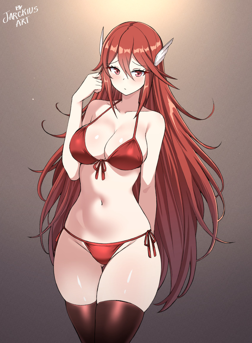 1girl absurdres alternate_breast_size arm_behind_back bikini blush breasts brown_background brown_thighhighs cleavage cordelia_(fire_emblem) fire_emblem fire_emblem_awakening gluteal_fold hair_ornament hand_up highres jarckius large_breasts long_hair looking_at_viewer navel nintendo raised_eyebrows red_bikini red_eyes red_hair skindentation solo swimsuit thigh_gap thighhighs thighs very_long_hair wing_hair_ornament