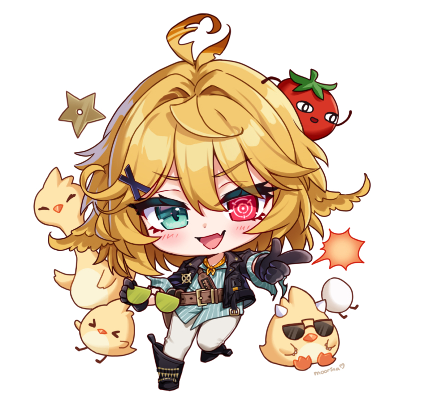 1girl animal antenna_hair artist_name bandolier belt belt_buckle big_head bird black_boots black_gloves black_jacket blonde_hair blush boots brown_belt buckle bullet chibi chick collared_jacket commentary_request cowboy_boots dokibird_(vtuber) dokibird_(vtuber)_(bounty_hunter) dokibird_(vtuber)_(tomato) dot_nose dragoon_(dokibird) egg eyelashes fang feather_hair finger_gun firing full_body gloves green-tinted_eyewear green_eyes green_shirt hair_between_eyes hair_flaps hair_ornament hand_up heterochromia holding holding_removed_eyewear horns indie_virtual_youtuber jacket looking_at_viewer mascot medium_hair moorina muzzle_flash on_floor on_head open_clothes open_jacket open_mouth pants red_eyes shirt shuriken signature simple_background sitting skin_fang smile solo standing standing_on_one_leg star_(symbol) striped_clothes striped_shirt sunglasses symbol-shaped_pupils target tinted_eyewear tomato tongue unworn_eyewear vertical-striped_clothes vertical-striped_shirt virtual_youtuber weapon white_pants x_hair_ornament