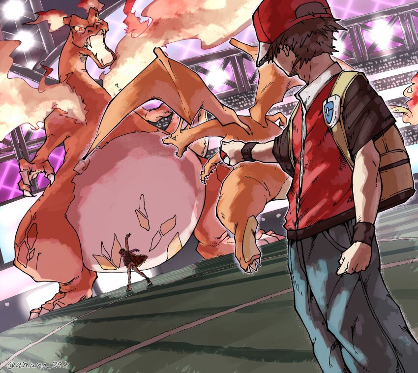 2boys amanonon baseball_cap cape champion_uniform charizard charizard_pose dark-skinned_male dark_skin fur-trimmed_cape fur_trim gen_1_pokemon gigantamax gigantamax_charizard hat highres holding holding_poke_ball jacket leggings leon_(pokemon) multiple_boys nintendo poke_ball pokemon pokemon_frlg pokemon_swsh red_(pokemon) red_jacket spotlight stadium white_leggings yellow_bag