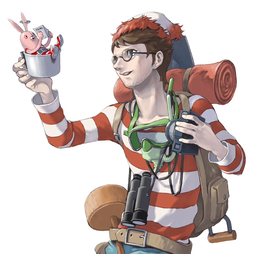 1boy animification backpack bag belt binoculars brown_hair camera cup facial_hair glasses hat highres holding kirenenko_(usavich) long_sleeves male_focus open_mouth pamphlet pomodorosa randoseru reading shirt short_hair shovel simple_background smile snorkel solo striped_clothes striped_shirt stubble t-shirt usavich wally_(where&#039;s_wally) where&#039;s_wally white_background worktool
