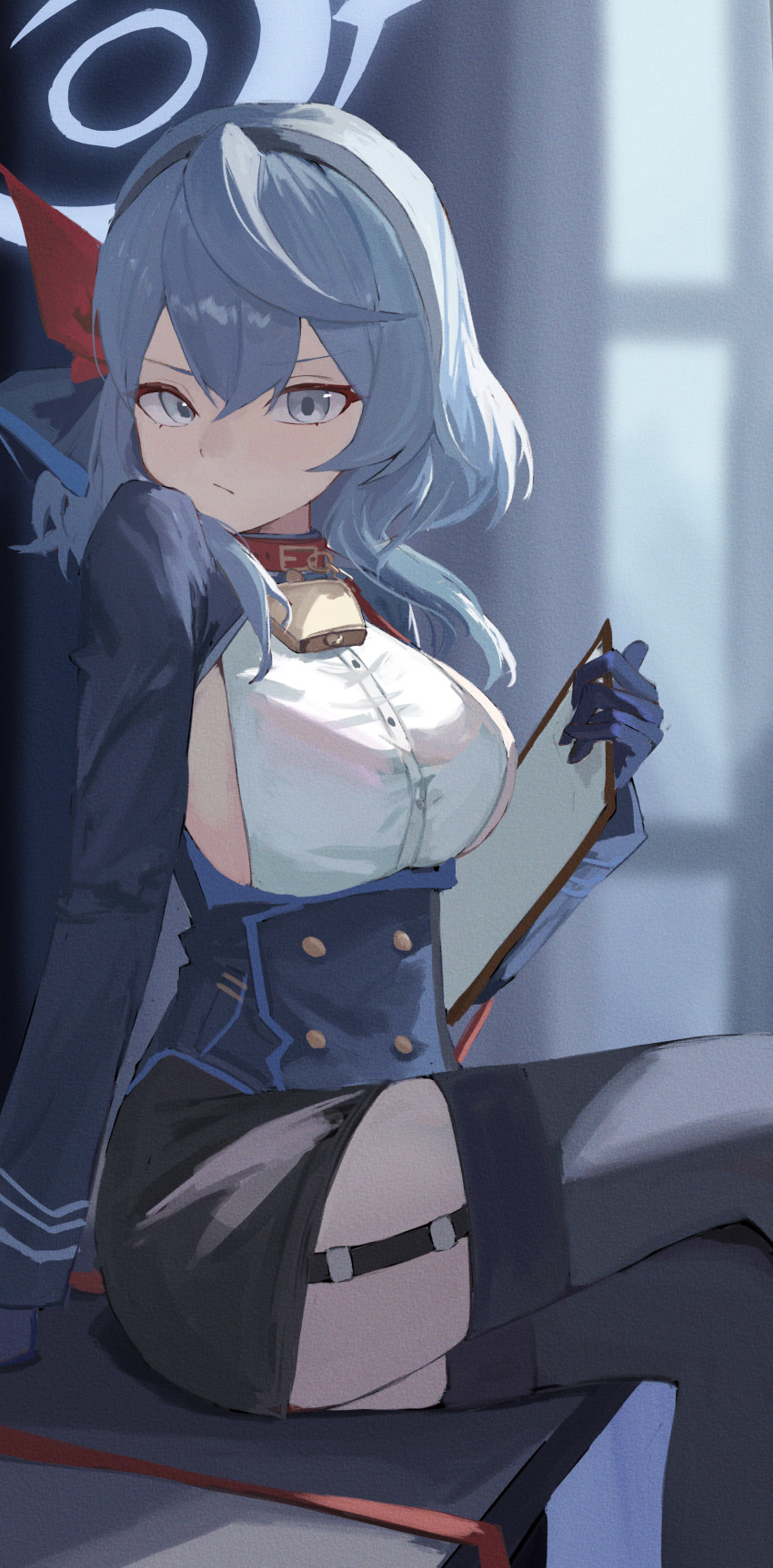 1girl absurdres ako_(blue_archive) bell black_garter_straps black_hairband black_skirt black_thighhighs blue_archive blue_eyes blue_gloves blue_hair blue_jacket breasts clipboard closed_mouth garter_straps gloves haimaotuanzi hair_between_eyes hair_ribbon hairband highres holding holding_clipboard jacket leash long_hair looking_at_viewer neck_bell red_ribbon ribbon shirt sideboob sidelocks skirt solo thighhighs white_shirt