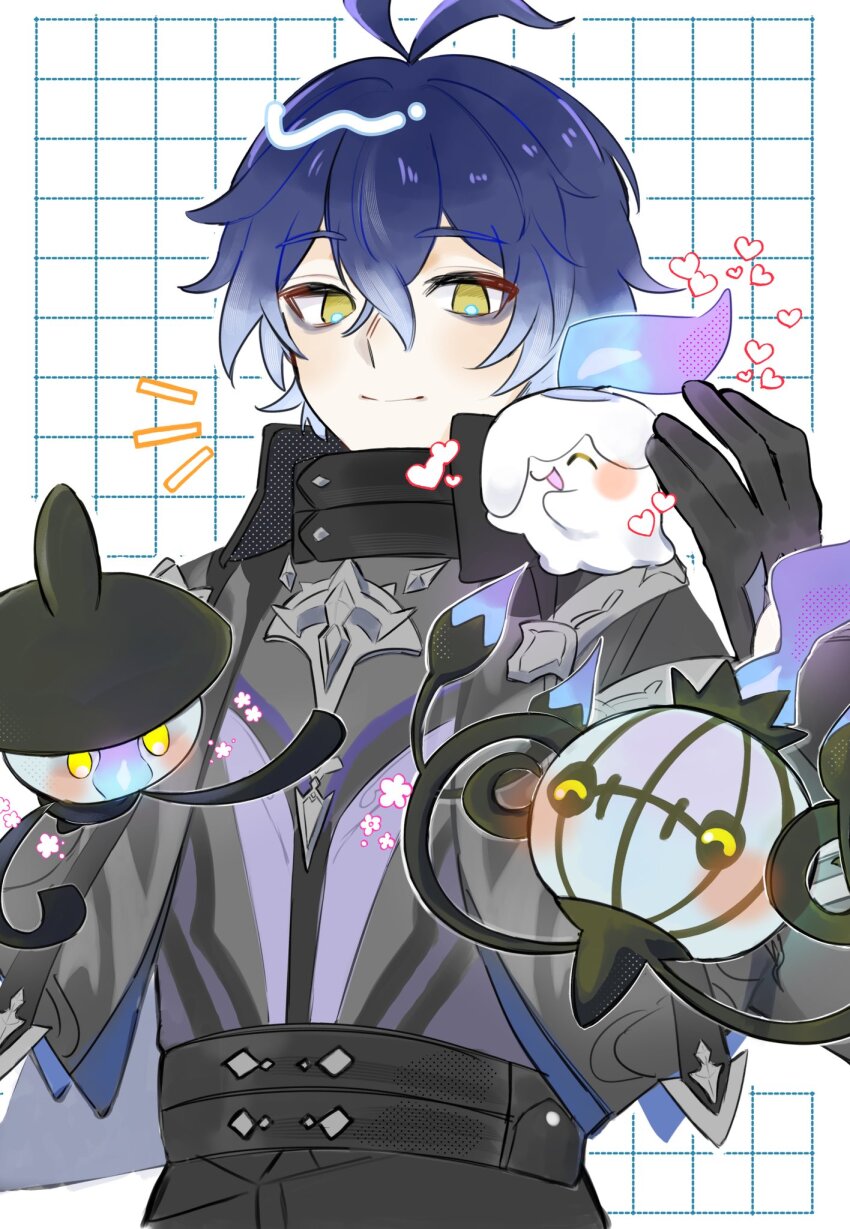 1boy ^_^ antenna_hair arm_up black_gloves black_pants blush chandelure closed_eyes closed_mouth commentary_request cowboy_shot crossed_bangs double-parted_bangs fire flins_(genshin_impact) gen_5_pokemon genshin_impact gloves grid_background highres lampent litwick male_focus nintendo notice_lines on_shoulder pan_6161 pants pokemon pokemon_(creature) pokemon_on_shoulder purple_fire smile yellow_eyes