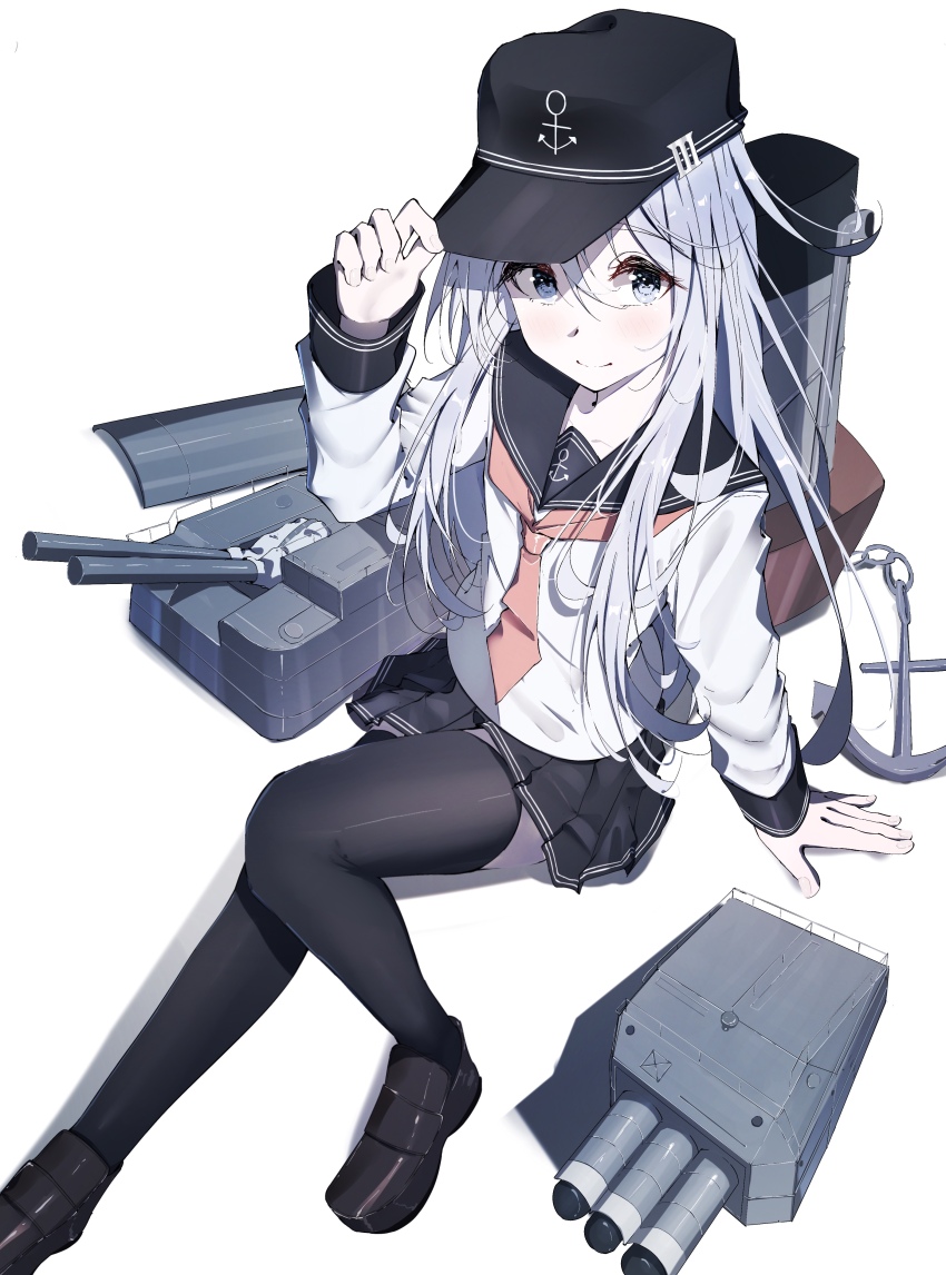 1girl absurdres adapted_turret anchor anchor_symbol black_hat black_sailor_collar black_skirt black_thighhighs blue_eyes cannon dfd flat_cap grey_hair hat hibiki_(kancolle) highres kantai_collection loafers long_sleeves looking_at_viewer miniskirt neckerchief pleated_skirt red_neckerchief rigging sailor_collar school_uniform serafuku shoes sitting skirt smile smokestack thighhighs