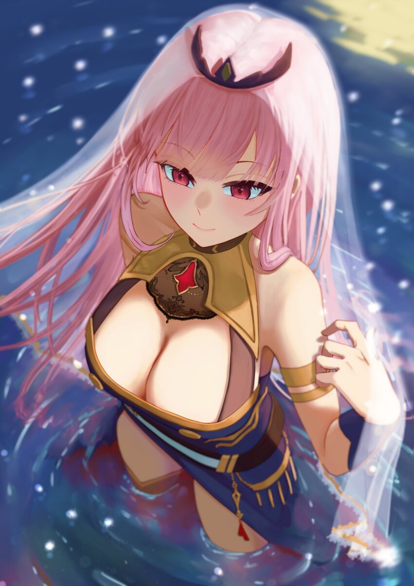 1girl breasts cleavage cowboy_shot eneeues highres hololive hololive_english large_breasts long_hair mori_calliope partially_submerged pink_eyes pink_hair see-through_clothes see-through_veil solo standing veil virtual_youtuber water