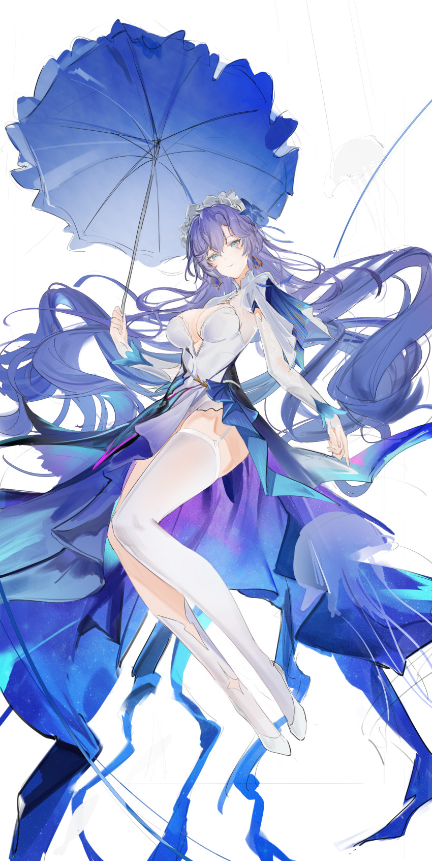 1girl absurdres asymmetrical_legwear blue_eyes blue_flower blue_umbrella breasts cantarella_(wuthering_waves) closed_mouth commentary dress earrings english_commentary facial_mark flantia flower hair_flower hair_ornament hair_spread_out headdress high_heels highres holding holding_umbrella jellyfish jewelry kneehighs large_breasts legwear_cutout long_dress long_hair long_legs looking_at_viewer mark_under_eye purple_hair shoes shrug_(clothing) side_slit single_kneehigh single_sock single_thighhigh smile socks solo thighhighs thighs umbrella uneven_legwear very_long_hair white_dress white_shoes white_shrug white_socks white_thighhighs wuthering_waves