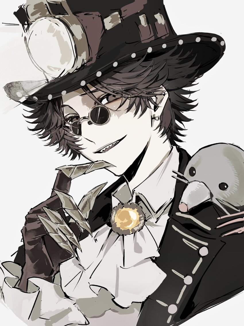1boy absurdres animal animal_on_shoulder ascot black_jacket bridge_piercing brown_eyes brown_gloves brown_hair claws earrings face_piercing finger_to_own_chin frilled_sleeves frills gem glasses gloves gold_teeth hat hat_lantern head_tilt highres identity_v jacket jewelry looking_at_viewer male_focus mole norton_campbell norton_campbell_(mr._mole) official_alternate_costume piercing pince-nez portrait raised_inner_eyebrows scar scar_across_eye scar_on_face sharp_teeth shirt smirk solo sushisushi_iiii teeth top_hat white_ascot white_shirt yellow_gemstone