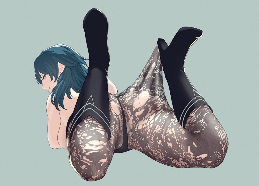 1girl absurdres arm_support ass ass_focus back black_shorts blue_eyes blue_hair boots breasts feet_up female_byleth_(fire_emblem) fire_emblem fire_emblem:_three_houses from_behind grey_background grin high_heels highres lace_pantyhose_hooked_on_heel_(meme) large_breasts long_hair looking_at_viewer looking_back lying medium_hair meme nintendo on_stomach pantyhose pomelomelon short_shorts shorts smile solo the_pose topless_female torn_clothes torn_pantyhose