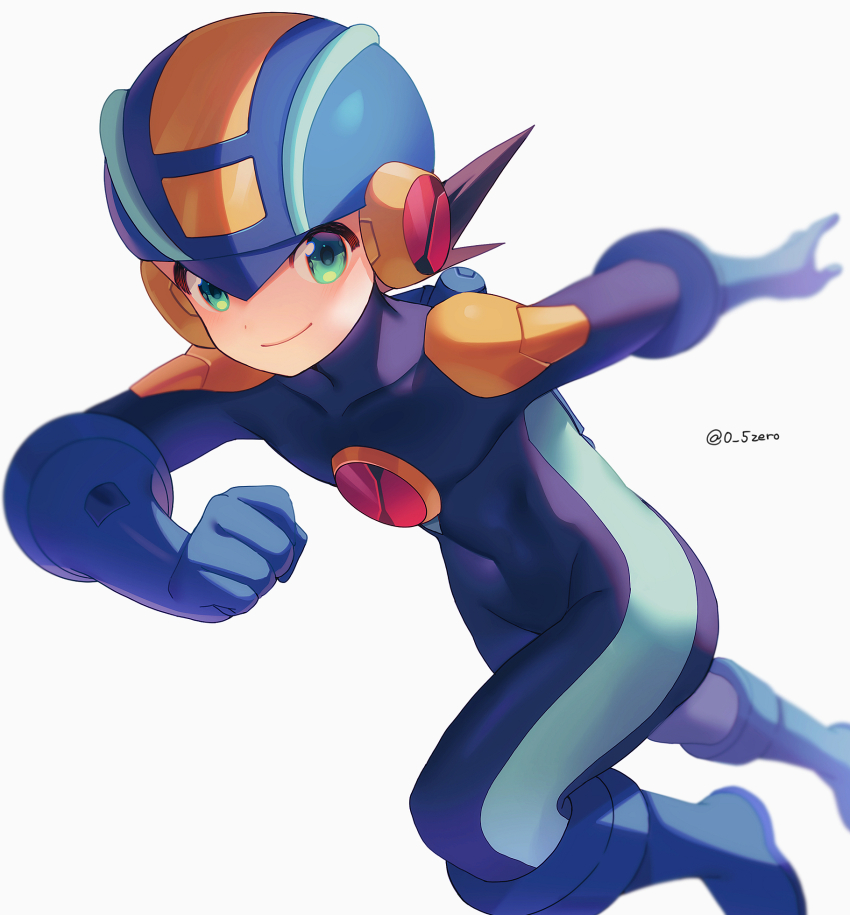 1boy blue_bodysuit blue_headwear blue_helmet bodysuit brown_hair clenched_hand closed_mouth covered_collarbone covered_navel green_eyes helmet highres looking_at_viewer male_focus mega_man_(series) mega_man_battle_network_(series) megaman.exe outstretched_arm short_hair simple_background smile solo spiked_hair twitter_username white_background zero-go
