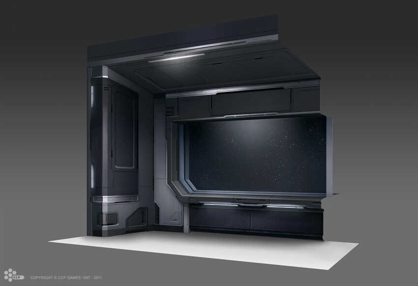 commentary company_logo company_name dated eve_online glowing grey_background grey_theme interior logo monochrome_background no_humans official_art photoshop_(medium) ramonster42 realistic science_fiction sky space spacecraft_interior star_(sky) starry_sky window