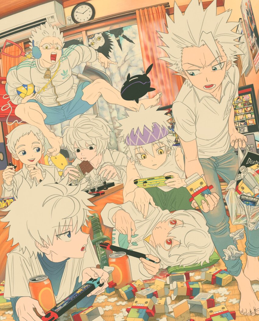annoyed ansatsu_kyoushitsu bag black_eyes bleach blue_eyes blue_shirt blue_shorts character_request chess_piece child chocolate clock collared_shirt copyright_request crossover curtains death_note forehead frown headband highres hitsugaya_toushirou holding holding_bag horibe_itona hunter_x_hunter indoors jacket jumping killua_zoldyck king_(chess) knight_(chess) kuga_yuuma long_sleeves looking_at_another lying midair near_(death_note) nintendo nintendo_switch norman_(yakusoku_no_neverland) notebook on_side open_mouth pants pawn_(chess) picking_up plastic_bag puzzle_piece red_eyes rook_(chess) ryuk shirt short_hair short_sleeves shorts shovel sitting sleeveless smile spiked_hair super_smash_bros. teeth trash upper_teeth_only uraura_ura-chan walking white_hair white_shirt world_trigger yellow_eyes