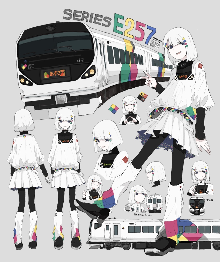 1girl absurdres asymmetrical_legwear asymmetrical_skirt augustin_tea black_eyes black_sweater black_thighhighs blank_eyes breasts closed_mouth diamond_(shape) diamond_hair_ornament frilled_shirt frills high_heel_sneakers highres japan_railways jr_east_e257_series leg_warmers long_sleeves looking_at_viewer multiple_unit_train open_mouth original pout puffy_long_sleeves puffy_sleeves shirt shoes short_hair simple_background skirt smile solo sweater sweater_under_shirt thighhighs train v white_background white_leg_warmers white_skirt wipers