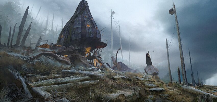 1other ambiguous_gender bare_tree black_cloak cloak cloud cloudy_sky commentary day english_commentary forest from_side full_body highres hill holding holding_staff hood hood_up hooded_cloak hut liang_mark log nature on_rock original outdoors power_lines sky solo staff standing standing_on_rock tree wide_shot witch